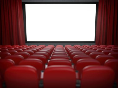 Sinema sinema boş ekran ve kırmızı oturma sıraları ile. 3D çizim