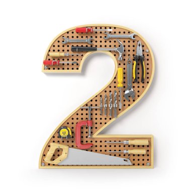 2 numara iki. Alfabe'beyaz izole metal pegboard araçları. 3D çizim