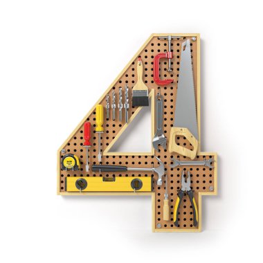 Sayı 4 dört. Alfabe'beyaz izole metal pegboard araçları. 3D çizim