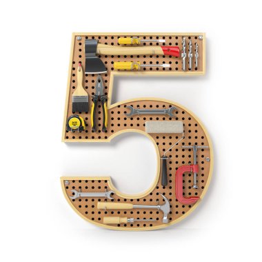 Sayı 5 beş. Alfabe'beyaz izole metal pegboard araçları. 3D çizim