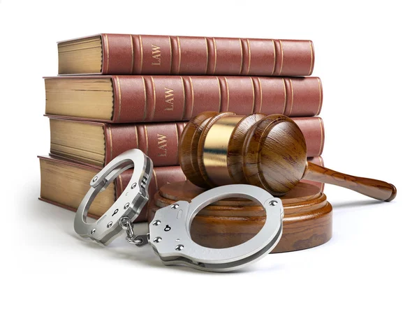 Σφυρί Δικαστή Και Χειροπέδες Νομικό Βιβλίο Που Απομονώνονται Λευκό Φόντο — Φωτογραφία Αρχείου