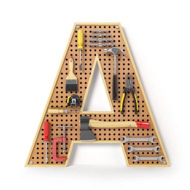 Mektup A. alfabe'beyaz izole metal pegboard araçları. 3D çizim