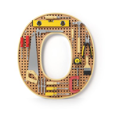Mektup O. alfabesi'beyaz izole metal pegboard araçları. 3D çizim