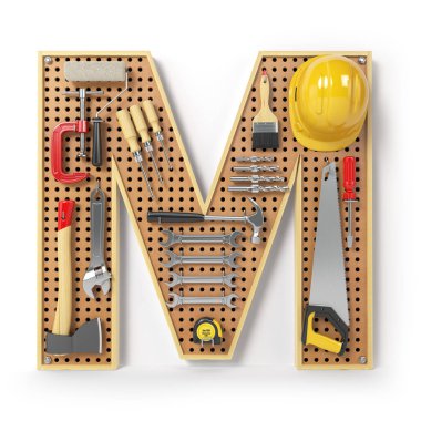 Mektup M. alfabe'beyaz izole metal pegboard araçları. 3D çizim