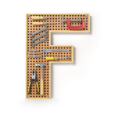 Mektup F. alfabe'beyaz izole metal pegboard araçları. 3D çizim