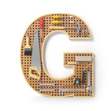 Mektup G. alfabe'beyaz izole metal pegboard araçları. 3D çizim