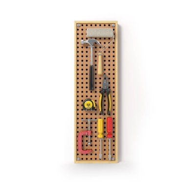 Mektubu ben alfabesi'beyaz izole metal pegboard araçları. 3D çizim