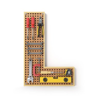 Mektup L. alfabe'beyaz izole metal pegboard araçları. 3D çizim