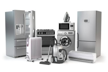 Ev aletleri. Beyaz arka plan üzerinde izole ev mutfak teknikleri kümesi. Buzdolabı, Ocak, mikrodalga fırın, çamaşır makinesi elektrikli süpürge hava conditioneer ve demir. 3D çizim