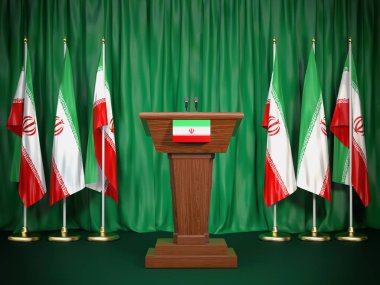 Podyum konuşmacı kürsü Iran bayraklı. Iran devlet başkanı brifing. Politika kavramı. 3D çizim