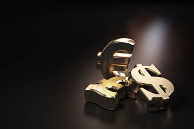 Altın euro, dolar ve pound işaretleri. Finans bankacılık Döviz kavramı arka plan. 3D çizim