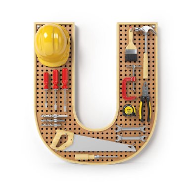 Harf U. alfabesi'beyaz izole metal pegboard araçları. 3D çizim