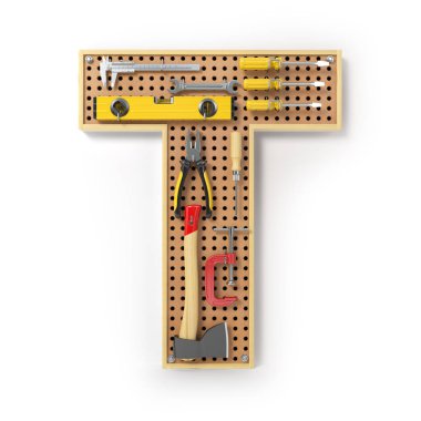 Harf T. alfabesi'beyaz izole metal pegboard araçları. 3D çizim