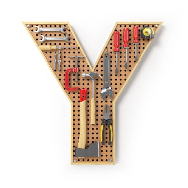 Mektup Y. alfabe'beyaz izole metal pegboard araçları. 3D çizim