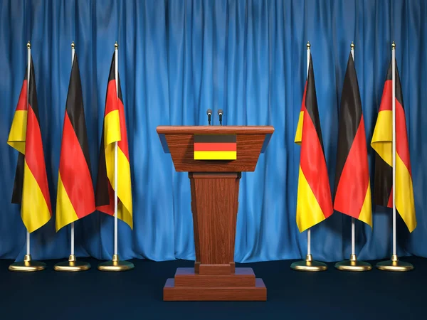 Podium speaker tribune with Germany flags. Briefing of president or chancellor. Politics concept. 3d illustration