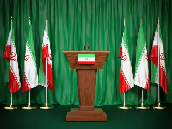 Podium Högtalare Tribune Med Iran Flaggor Genomgång Irans President Politik — Stockfoto