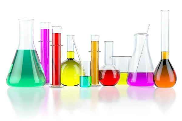 Laboratory Glassware Test Glass Flasks Tubes Solution Isolated White Background — Stock Photo, Image