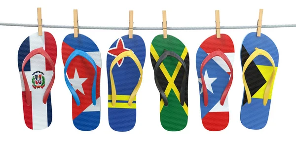 Κρέμονται Flip Flops Στα Χρώματα Των Σημαιών Των Χωρών Διαφορετικό — Φωτογραφία Αρχείου