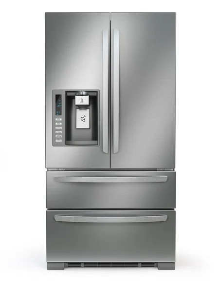 冷蔵庫冷凍庫 氷と白い背景に分離された水システム サイド サイド ステンレス鋼の冷蔵庫 イラストレーション — ストック写真