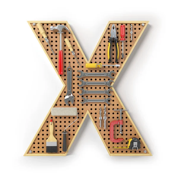 Mektup X. alfabesi'beyaz izole metal pegboard araçları. 3D çizim