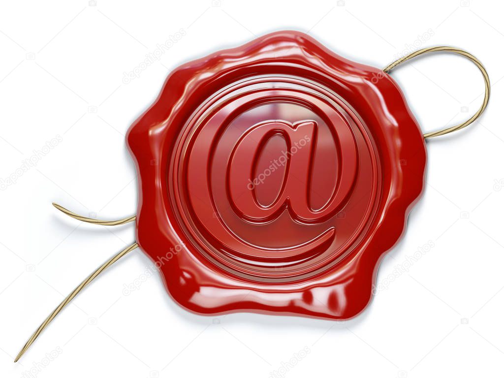 E-mail sign sealing wax stamp isolated on white background. 3d illustration