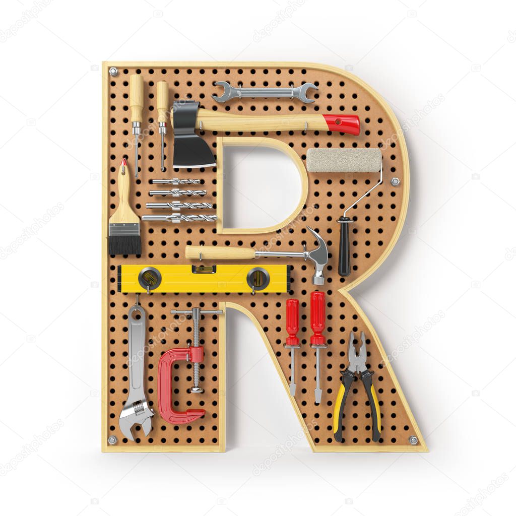 Letter R. Alphabet from the tools on the metal pegboard isolated on white.  3d illustration