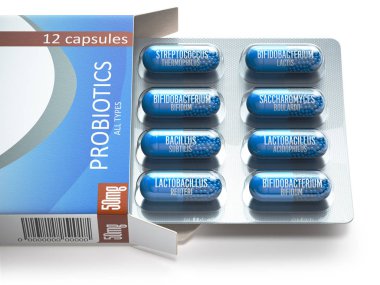 Probiyotikler. Her türlü Probiyotikler kapsül blister kutu. Othes, sacchaomyces, lactobacillus ve bifidobacterium bacillus haplarla. 3D çizim