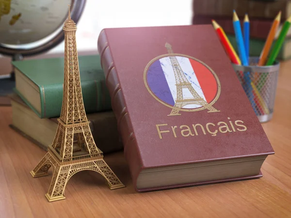 Apprendre Étudier Concept Français Réservez Avec Drapeau Français Tour Eiffel — Photo