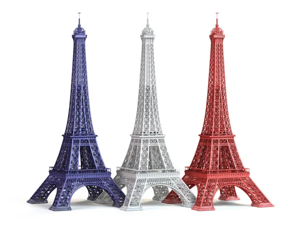 Tři Eiffel Towerin Barvy Vlajky Francie Izolovaných Bílém Pozadí Obrázek — Stock fotografie