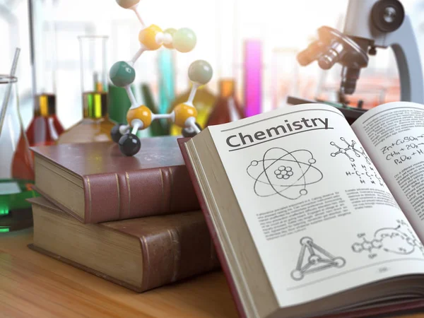 Chemistry Education Concept Open Books Text Chemistry Formulas Textbooks Flasks — Stock Photo, Image