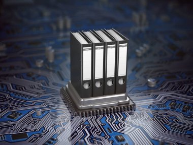 Veritabanı arşiv veri depolama kavramı. Cpu işlemci ve anakart üzerinde bağlayıcı. 3D çizim