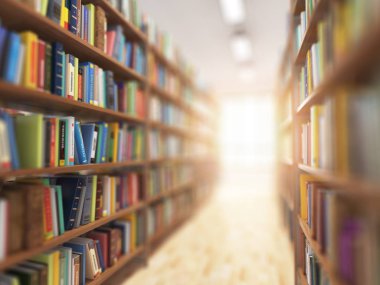 Kütüphane kitap ve kitaplık ile Dof etkisi ve sonunda ışık yığınları. 3D çizim