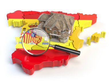 Ev ve büyüteç İspanya harita renkleri İspanyol bayrağı üzerinde. Kira veya satın almak için bir ev arama kavramı. Gayrimenkul Geliştirme İspanya. 3D çizim