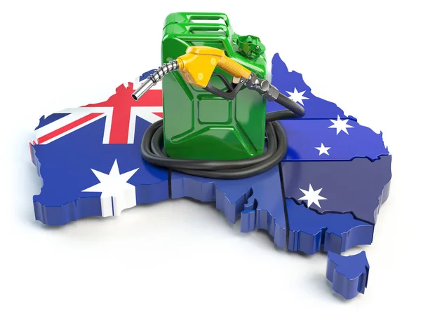 ガソリンとガソリン消費とオーストラリアで生産 ジェリカンやガスのポンプ ノズルとオーストラリアの地図 イラストレーション — ストック写真