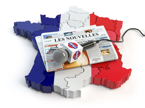 法国新闻 新闻和新闻事业的概念 麦克风和报纸标题为 法文为 在地图上的颜色的法国国旗 — 图库照片