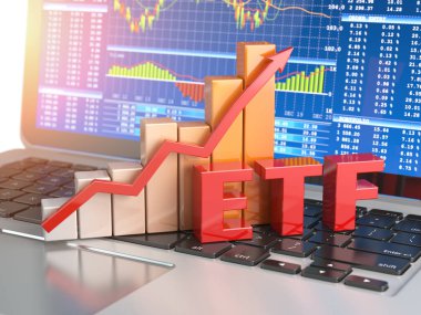 ETF Döviz ticareti fon kavramı. İle etf ticaret iş istasyonu uygulaması üstünde belgili tanımlık perde ile laptop klavye üzerinde grafiğini çizin. 3D çizim