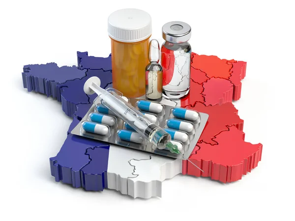 Gezondheid Gezondheidszorg Geneeskunde Farmacie Frankrijk Concept Pillen Flesjes Spuit Kaart — Stockfoto