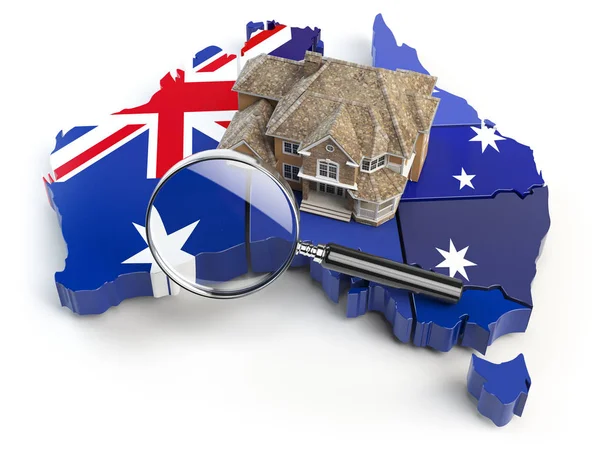 Casa Loupe Sulla Mappa Australia Nei Colori Della Bandiera Australiana — Foto Stock