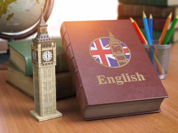 学习和学习英语的概念 书与英国的旗子和大本塔在桌上 Iluustration — 图库照片