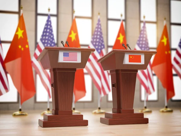 Usa Kína Valamint Nemzetközi Találkozó Vagy Konferencia Tribunusok Zászlók Kína — Stock Fotó