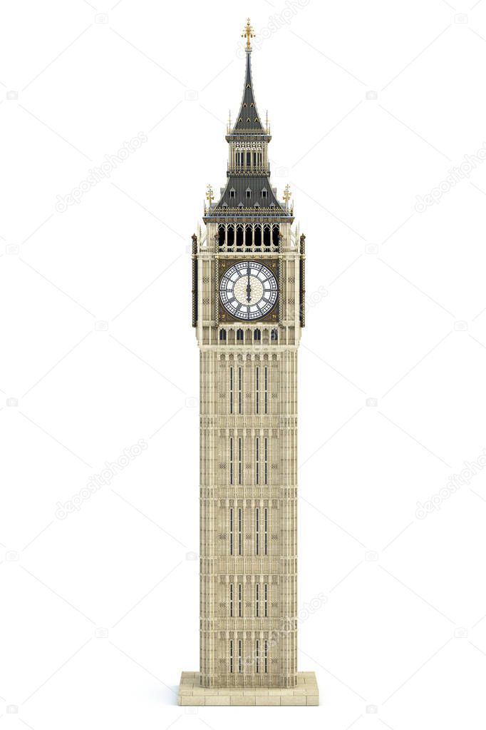 Big Ben Tower the architectural symbol of London, England and Great Britain Isolated on white background. 3d illustration