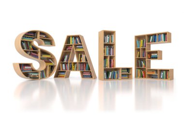 Beyaz arka plan üzerinde izole harf şeklinde kitap ile bookshelf satışından. Geri okul satış konsepti için. 3D çizim