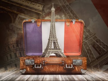 Paris gezisi. Seyahat veya Turizm Fransa kavramı için. Fransa bayrağı dünya arka plan harita ile Eyfel Kulesi andvintage bavul. 3D çizim