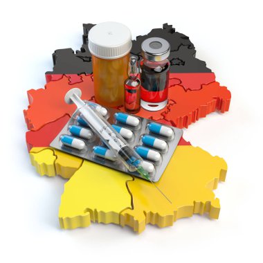 Sağlık, sağlık, tıp ve eczacılık Almanya kavram. Hap, şişeleri ve şırınga beyaz arka plan üzerinde izole Almanya Haritası üzerinde. 3D çizim