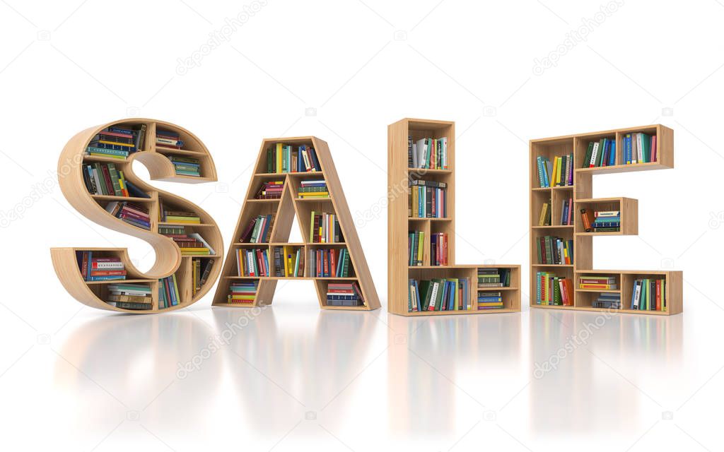 Sale from bookshelf with book in form of letters isolated on white background. Back to school sales concept. 3d illustration