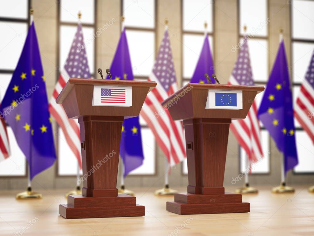 Flags of the USA and European Union EU and tribunes at international meeting or conference. Relationship between EU and USA concept. 3d illustration