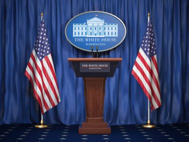Başkan, bizi Amerika Birleşik Devletleri'nde Beyaz Saray brifing. Podyum konuşmacı kürsü ABD bayrakları ve beyaz Houise iz ile. Politika kavramı. 3D çizim