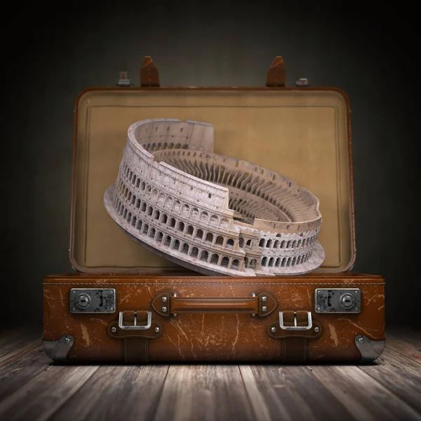 ローマへの旅行 旅行やイタリアのコンセプトに観光 コロシアムとビンテージのスーツケース イラストレーション — ストック写真