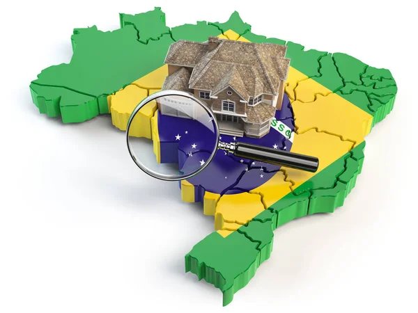 在巴西地图上的房子和放大镜在澳大利亚国旗的颜色 搜索房子买或租概念 巴西房地产开发 — 图库照片