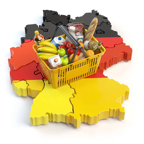 マーケット バスケットまたはドイツの消費者物価指数 ドイツの地図上の食べ物と買い物かご イラストレーション — ストック写真